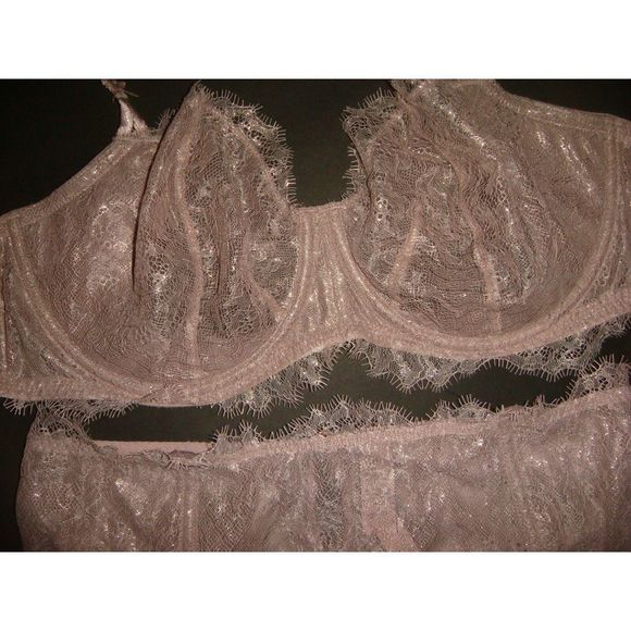 Victoria's Secret unlined 36D BRA SET thong taupe PINK gold foil lace VERY SEXY - Picture 3 of 7